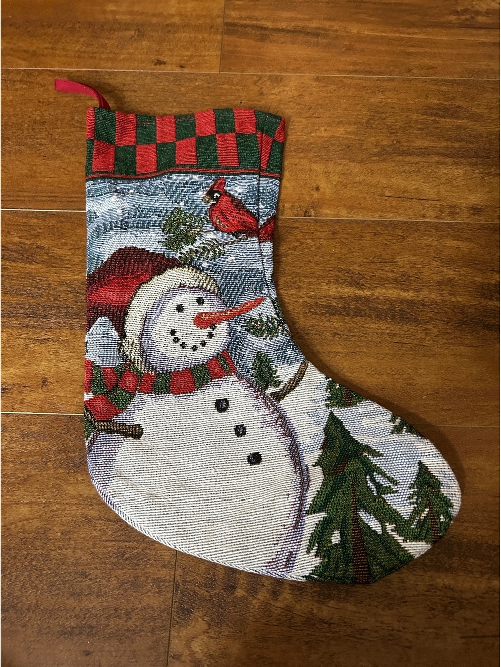 Festive Snowman Christmas Stocking with Cardinal and Pine Tree Design